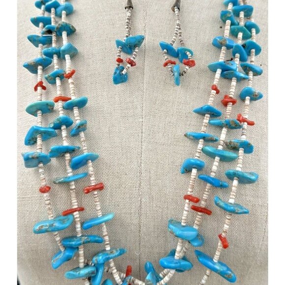 Vintage Navajo Necklace Earrings SET Turquoise Coral Nuggets & Shells 3 Strands - Picture 1 of 11